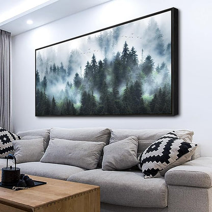 Wapluam Large Wall Art For Living Room Wall Decor For Office Bedroom Wall Decorations Canvas Prints Artwork Foggy Forest Landscape Pictures Modern Wall Painting Black Framed Home Wall Art 30"X60"