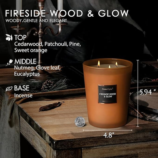 HomeLights Scented Candles - Large Jar Aromatherapy, Natural Soy Wax, 130 Hour Long Burning, Fireside Wood & Glow