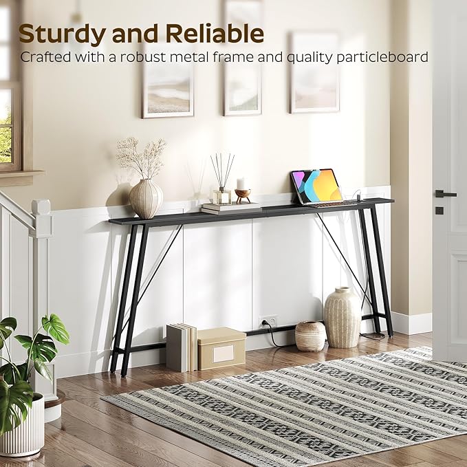 70.9" Couch Table Behind Sofa, Narrow Console Table with Outlet, Skinny Sofa Tables Narrow Long, Long Entryway Tables for Hallway, Entryway, Living Room, Black CT185UBB
