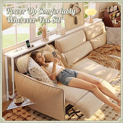 Huuger 102.4 Inch Sofa Table with Power Outlets, 23.9’’-34.4’’ Height Adjustable Range, Behind Couch Table with USB-C Ports, Sofa Tables Narrow Long, Skinny Console Table, for Small Spaces, White