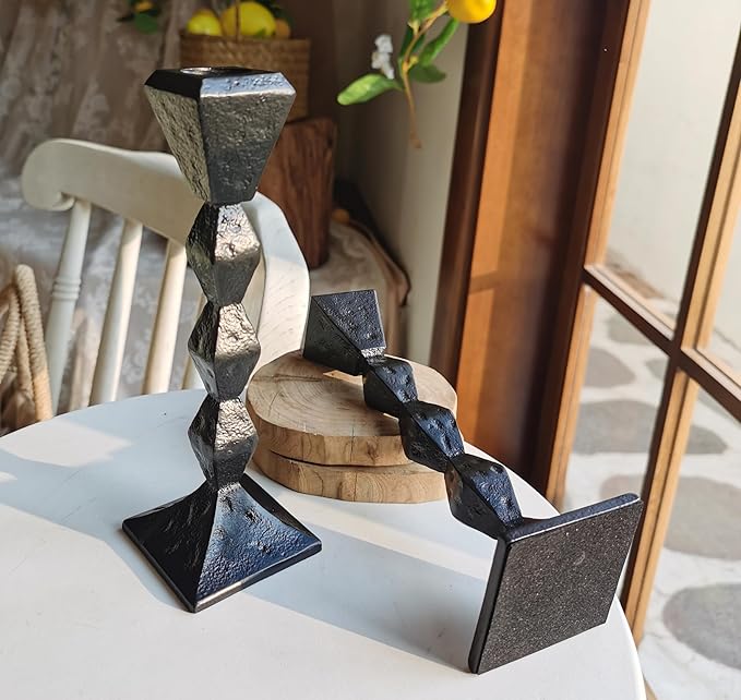 Antique Iron Taper Candle Holders - Set of 2 Decorative Candlesticks, Black Finish Candle Stand for Weddings, Dining, and Parties (Black, Square)