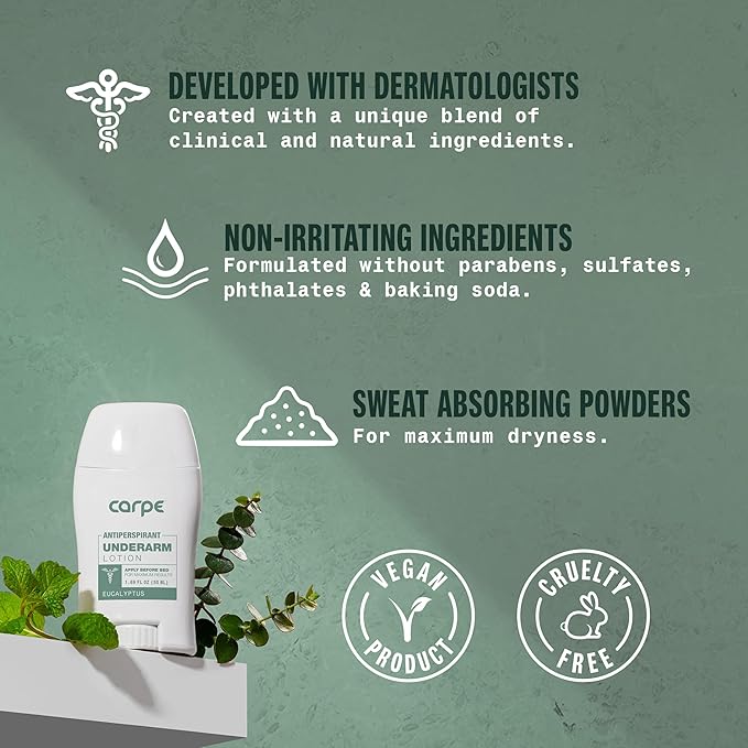 Carpe Underarm Antiperspirant and Deodorant, Clinical strength antiperspirant with all-natural eucalyptus scent, Combat excessive sweating and stay fresh. Great for hyperhidrosis (Pack of 3)