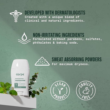 Carpe Underarm Antiperspirant and Deodorant, Clinical strength antiperspirant with all-natural eucalyptus scent, Combat excessive sweating and stay fresh. Great for hyperhidrosis (Pack of 3)