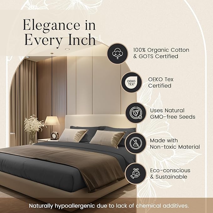 100% Organic Cotton Twin XL Sheets Set, 300TC Sateen Weave 3PC Twin XL Bed Sheets, Elasticated Sheet & Pillowcase Sets, Soft & Comfy No lint Machine Washable Grey Sheet, Fade Resistant- Charcoal