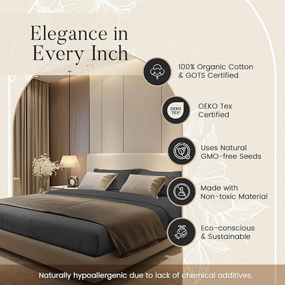 100% Organic Cotton Twin XL Sheets Set, 300TC Sateen Weave 3PC Twin XL Bed Sheets, Elasticated Sheet & Pillowcase Sets, Soft & Comfy No lint Machine Washable Grey Sheet, Fade Resistant- Charcoal