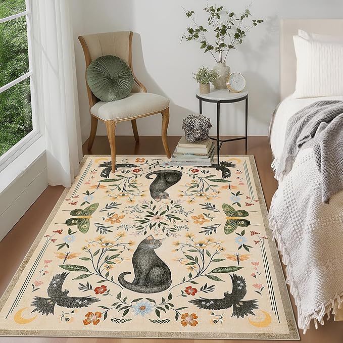 GarveeHome 4x6 Cat Washable Area Rug for Nursery Room, Mushroom Floral Beige Bedroom Rug Non Slip Low Pile Butterfly Carpet Stain Resistant Throw Rug for Dorm Kids Room Office Dining Room