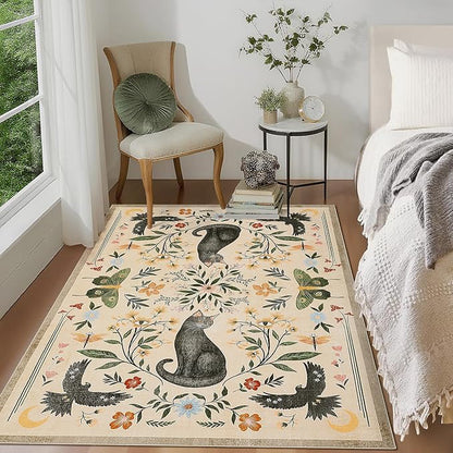 GarveeHome 4x6 Cat Washable Area Rug for Nursery Room, Mushroom Floral Beige Bedroom Rug Non Slip Low Pile Butterfly Carpet Stain Resistant Throw Rug for Dorm Kids Room Office Dining Room