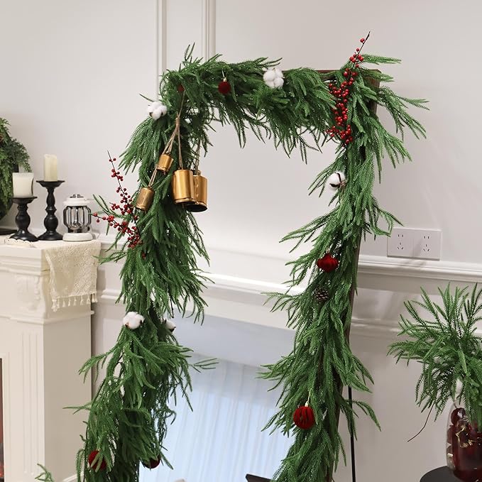 4PCS 9FT Christmas Garlands Norfolk Pine Garland Real Touch Artificial Faux Greenery Garland for Holiday Indoor Decor