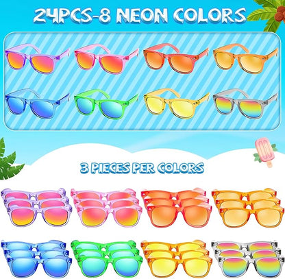 Kids Sunglasses Bulk Party Favors - 24 Packs Boys Girls Sunglass for Kid Age 3-8, Neon Glasses with UV 400 Protection, Goodie Bags Stuffers for Birthday Classroom Graduation Valentines Gifts