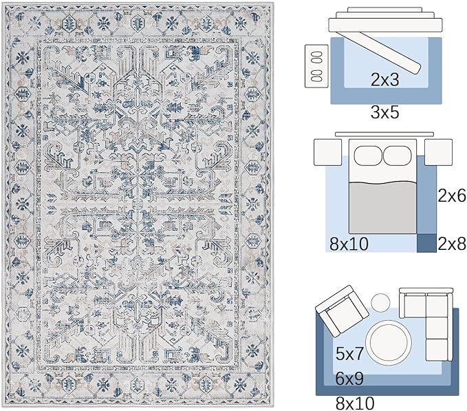 jinchan Runner Rug 2x6 - Vintage Hallway Machine Washable Rug Floral Non Slip with Rubber Backing Ultra-Thin Carpet Runner for Kitchen Bedroom Laundry Room Farmhouse Entryway (2x6ft,Blue)