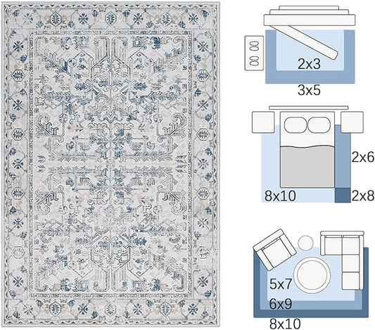jinchan Kitchen Runner Rug 3x7 - Vintage Floral Machine Washable Non-Slip Hallway Runner Rug with Rubber Backing Ultra-Thin Carpet for Bedroom Laundry Room Farmhouse (3x7ft,Blue)