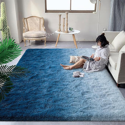 DweIke Luxury Fluffy Kids Rugs for Living Room Bedroom, 6x9 Large Shaggy Gradient Navy Blue Area Rug for Girls Boys, Upgrade Plush Non-Slip and Washable Colorful Fuzzy Carpet for Dorm Nursery Decor
