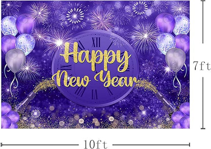MEHOFOND Happy New Year Backdrop Purple 2026 New Year Eve Party Decorations Banner Supplies Shining Champagne Balloons Firework Photography Background New Years Eve Photo Studio Props 10x7ft