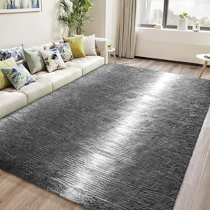 DweIke Luxury Fluffy Kids Rugs for Living Room Bedroom, 4x6 Feet Shaggy Grey and White Area Rug for Girls Boys, Upgrade Plush Non-Slip and Washable Colorful Fuzzy Carpet for Dorm Nursery Decor