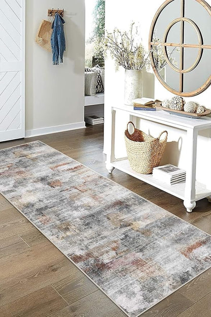 vivorug Grey Runner Rug 2x10 Machine Washable Rug with Non-Slip Backing, Ideal for Kitchen Hallway Entryway Laundry Room - Modern Abstract, Durable, Easy Clean, Low Pile Carpet Runner