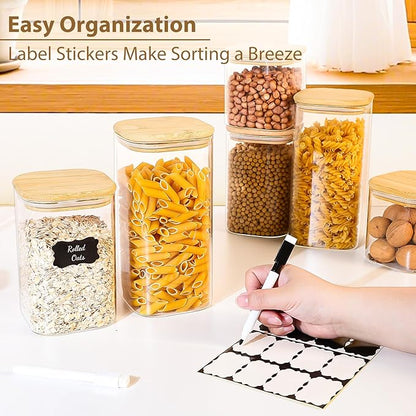 6 Pack Square Glass Storage Containers with Bamboo Lids (24oz/37oz/51oz) – Clear Food Airtight Canisters Sets for The Kitchen, Glass Jars for Coffee Beans, Coffee, Flour, Snacks, Spices
