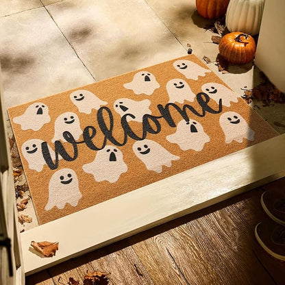 Halloween Door Mat Spooky Ghost Welcome Mat for Front Door Outdoor Entrance Doormat Coir Dirt Trapper with Non Slip Backing, 24x36, Welcome Ghost