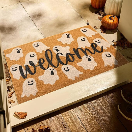 Halloween Door Mat Spooky Ghost Welcome Mat for Front Door Outdoor Entrance Doormat Coir Dirt Trapper with Non Slip Backing, 24x36, Welcome Ghost