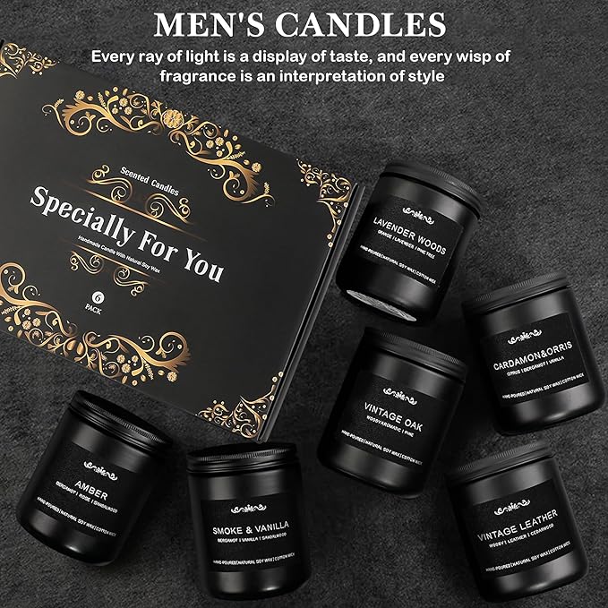 6 Pack Candles for Men - Mens Candle Gift Set, 42oz Scented Candles with Smoke Vanilla/Leather/Oak/Amber/Cardamom/Wood, 300 Hour Burn Time, Soy Candles Non-Toxic for Him, Home Office Man Cave Decor
