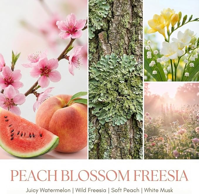 HomeLights Scented Candles | Large Jar 34 Oz Natural Soy Candle | 130 hrs Long-Lasting with 3 Wicks | Bohemian Natural for Home Decor | Gifts for Mom & Women, Peach Blossom Freesia