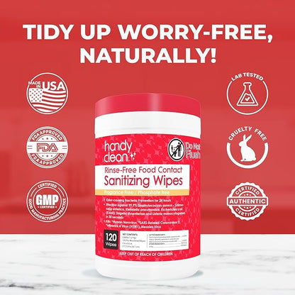 HandyClean Rinse-Free Food Contact Sanitizing Wipes Canister, Multi Surface Cleaning Supplies for Kitchen and Professional Setting One Canister (120 Wipes)