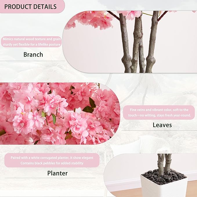 Artificial Cherry Blossom Tree, 5FT Fake Plants Indoor, Faux Pink Sakura Flowers Blooming Tree in Pot, Artificial Trees Silk Plant for House Bedroom Living Room Office Entryway Porch Decor