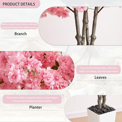 Artificial Cherry Blossom Tree, 5FT Fake Plants Indoor, Faux Pink Sakura Flowers Blooming Tree in Pot, Artificial Trees Silk Plant for House Bedroom Living Room Office Entryway Porch Decor