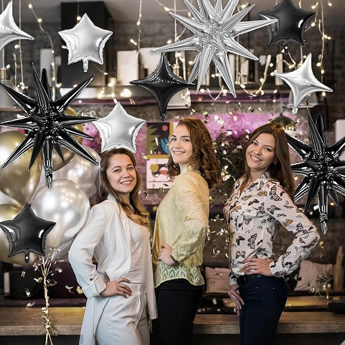 Black Silver Star Balloon,16Pcs Star Foil Balloons Set with 22Inch Explosion Spike Cone Balloons and 10Inch Quadrangle Helium Balloon for Birthday Wedding Baby Shower Party Decorations