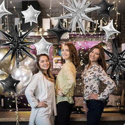 Black Silver Star Balloon,16Pcs Star Foil Balloons Set with 22Inch Explosion Spike Cone Balloons and 10Inch Quadrangle Helium Balloon for Birthday Wedding Baby Shower Party Decorations