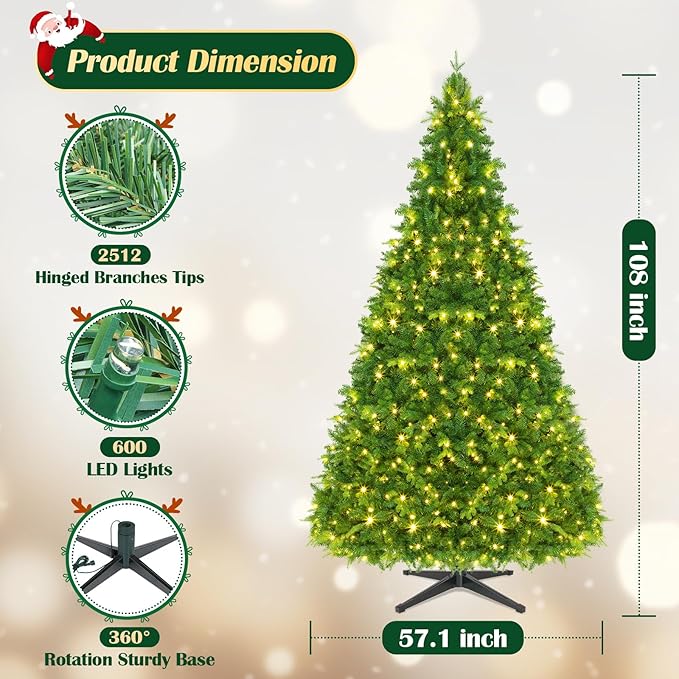 GGOYING 9FT Pre-Lit Flocked Christmas Tree with Rotating Stand & Remote, Green Dense Branches, Realistic Holiday Decorations, LED Lights (RGB + Warm White)