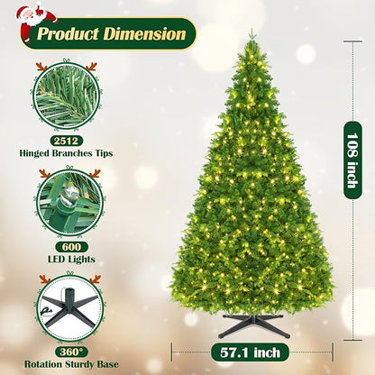 GGOYING 9FT Pre-Lit Flocked Christmas Tree with Rotating Stand & Remote, Green Dense Branches, Realistic Holiday Decorations, LED Lights (RGB + Warm White)