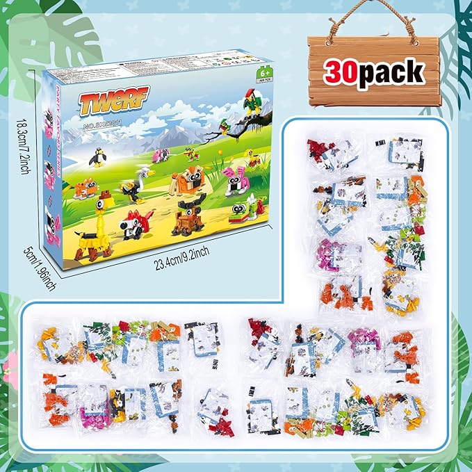 Valentines Party Favors for Kids- 30 Pack Animals Building Blocks Set Goody Bags Stuffers Classroom Prizes Easter Basket Stuffer Birthday Party Valentine's Return Gifts for Boys Girls Age 6-12+