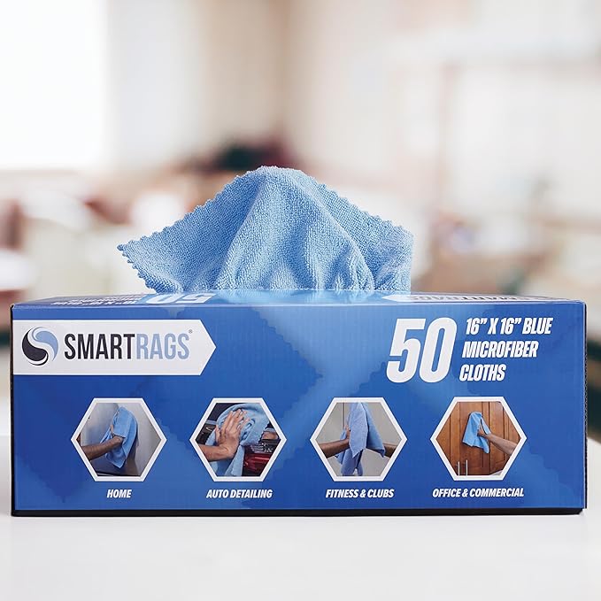 Arkwright Smart Rags in Box - (Pack of 50) Lint Free, Large Microfiber Cleaning Cloth, Scratch & Streak-Free, Dispensable Wash Towels for Cars, Kitchen, and Window Glass, Blue