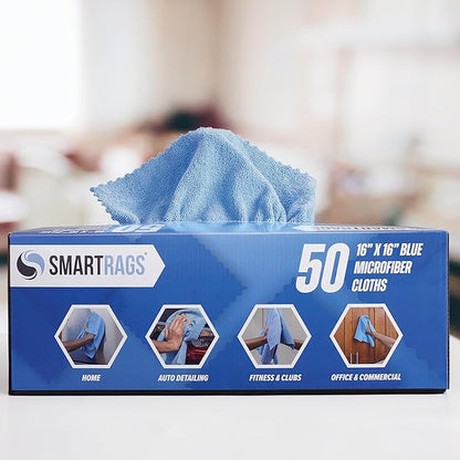 Arkwright Smart Rags in Box - (Pack of 50) Lint Free, Large Microfiber Cleaning Cloth, Scratch & Streak-Free, Dispensable Wash Towels for Cars, Kitchen, and Window Glass, Blue