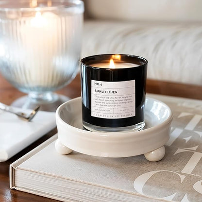 Sunlit Linen Luxury Scented Candles, 9oz Soy Wax Candles for Home Scented, Linen, Jasmine, White Lemon, Wood Scent, Long Burning Time, Gifts for Women, Friends, Men, Sister, Housewarming