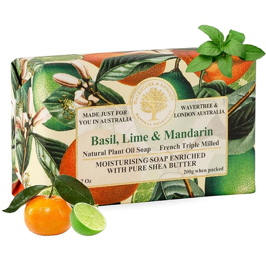 Wavertree & London Basil Lime & Mandarin Scented Natural Soap Bar, 7oz Moisturizing French Triple Milled Soap Bar for Women & Men Enriched with Organic Shea Butter, Pure Bath & Body Soap (1 Bar)