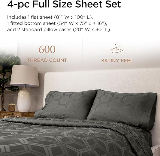 Threadmill 100% Cotton Sheets for Full Size Bed - 600 Thread Count Full Bed Sheets Set with 16” Deep Pocket - Jacquard Sateen Weave 4-Piece Bedding Set with Cooling Effect, Dark Grey