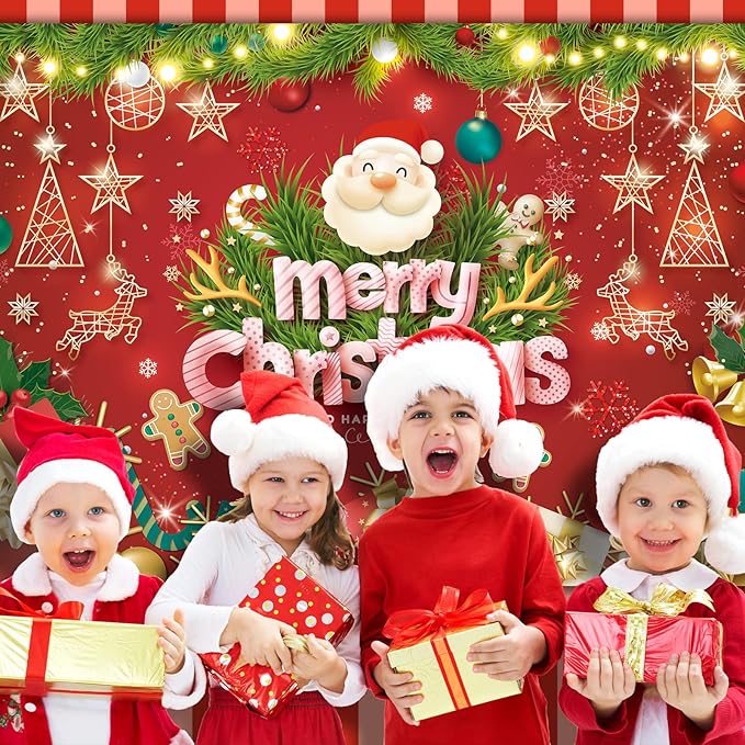 7x5FT Merry Christmas Banner - Santa Claus & Reindeer Background - Red Xmas Party Backdrop for Kids
