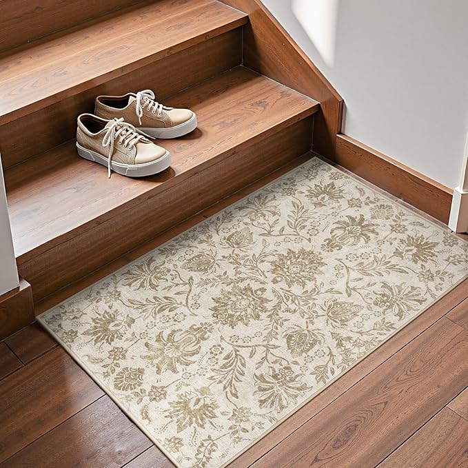 jinchan 2x3 Washable Rugs for Entryway, Vintage-Inspired Floral Neutral Design Non-Slip Low-Pile Doormat, Ultra-Thin Indoor Traditional Accent Carpet for Entrance Kitchen Bathroom Bedroom, Taupe