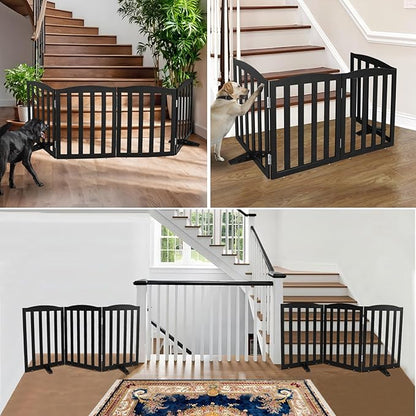 ZJSF Foldable Freestanding Indoor Dog Gate for House Wood Long Pet Gates Dog Fence for Stairs Puppy Gates for Hallways, Puppy Gate,Support Feet Included, Black, 32 "Height-2 Panels