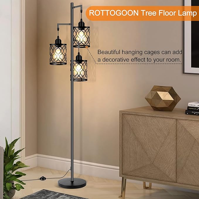 Industrial Floor Lamp, Metal Farmhouse Floor Lamp for Living Room, Rustic Standing Tall Lamps with 3 Elegant Cage Heads, Tree Floor Lamps for Bedrooms, Home Office, Bar, 68", Black, Bulb Not Included