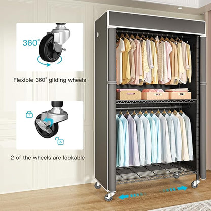 FUTASSI Black Clothing Rack with Dark Gray Cover, P1C Rolling Closets with Wheels, Metal Garment Rack for Hanging Clothes, Clothing Storage Wardrobe, 36.2" W x 16.5" D x 80.5" H, Load 450 Pounds