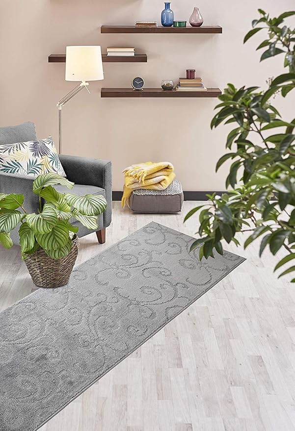 11 ft Long Hallway Kitchen Runner Rug Non-Slip Washable, 26" X 11' Grey Carpet Runner Rug-Rubber Backed, Custom Floor Mat for Stairs Bedroom Bathroom Entryway, Your Choice of Length, Scroll Gray