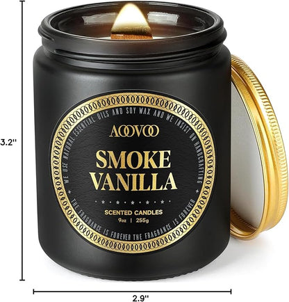 AOOVOO Scented Candle for Home Scented - Wood & Vanilla Scented Candles | Strong Fragranced Soy Mens Candles | Masculine Candle, Wood Wicked Candles | Smokey & Vanilla Candle in Black Jar, AO-LZY0152