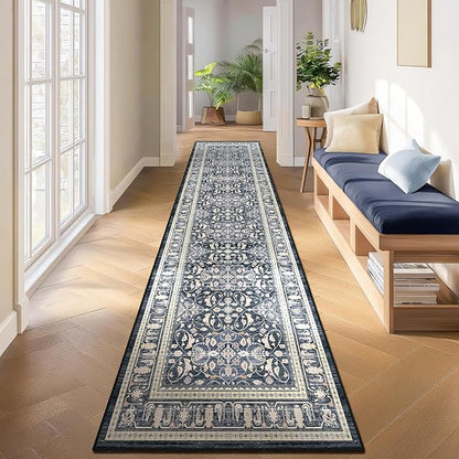 Blue 2x10 Rug Runners for Hallways Non Slip, Long Kitchen Runner Rugs Non Skid Washable, Transitional Floral Trellis Low Pile Thine Carpet Runners for Entryway Corridor Mudroom Foyer