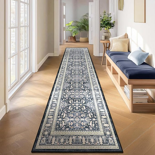 Blue 2x10 Rug Runners for Hallways Non Slip, Long Kitchen Runner Rugs Non Skid Washable, Transitional Floral Trellis Low Pile Thine Carpet Runners for Entryway Corridor Mudroom Foyer