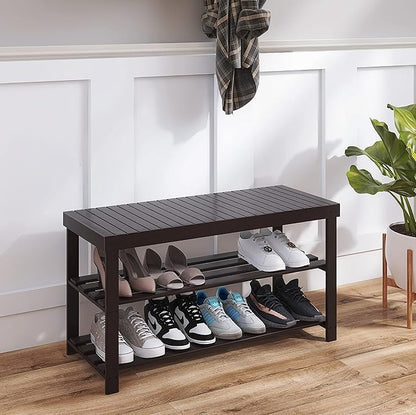 SMIBUY Sturdy Bamboo Shoe Rack Bench, 3-Tier Shoe Organizer, Storage Shelf for Entryway Hallway Bathroom Living Room (Dark Brown)