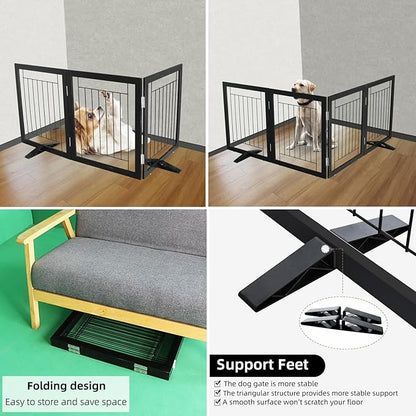 ZJSF Freestanding Dog Gate Indoor, Foldable Dog Fence for Doorways,Hallways or Stairs, Sturdy Wood Extra Wide Pet Gate with Support Feet,Black,24 "Height-3 Panels