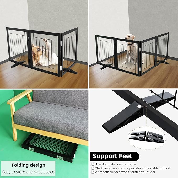 ZJSF Freestanding Dog Gate Indoor, Foldable Dog Fence for Doorways,Hallways or Stairs, Sturdy Wood Extra Wide Pet Gate with Support Feet,Black,32 "Height-3 Panels
