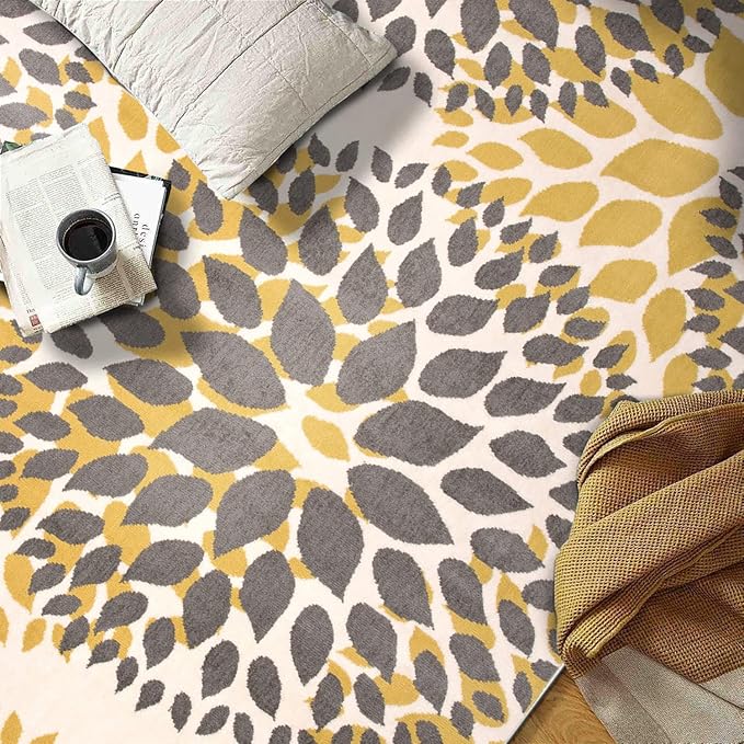 Rugshop Modern Yellow Floral Circles Design Area Rug – Elegant Non-Shedding, 5'x7' for Living Room, Bedroom, Dining Room, Kitchen